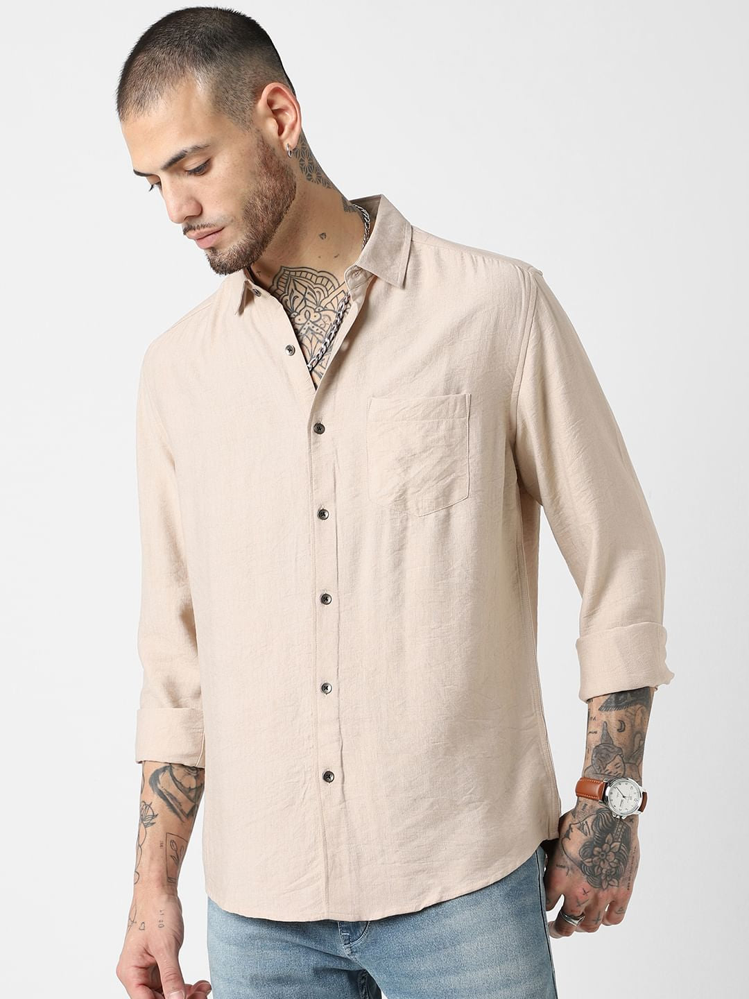 Premium Italian Linen Beige Crinkle Shirt