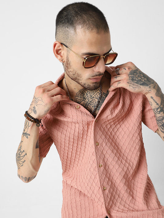 Diamond Textured Peach Oversized Resort Collar Shirt