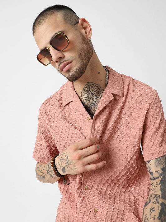 Diamond Textured Peach Oversized Resort Collar Shirt