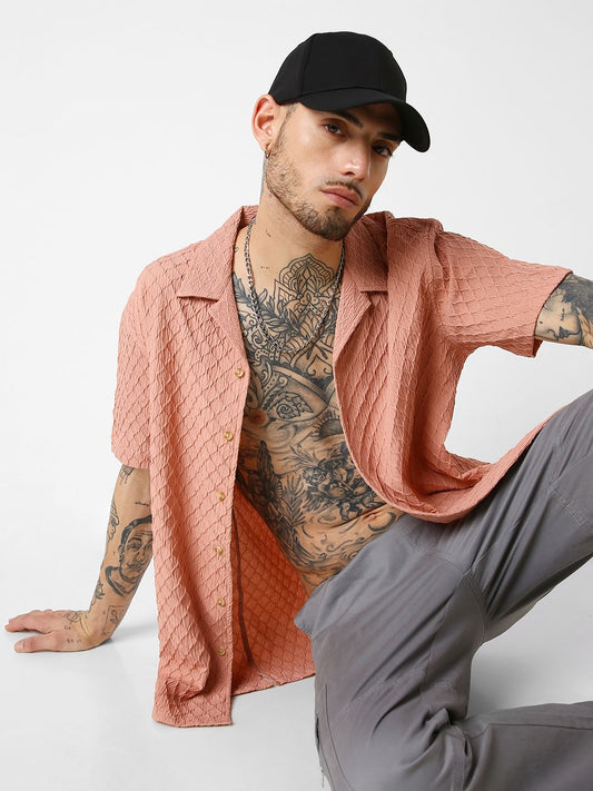 Diamond Textured Peach Oversized Resort Collar Shirt