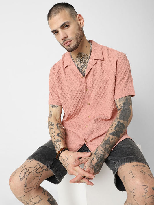Diamond Textured Peach Oversized Resort Collar Shirt
