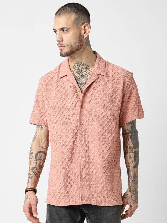 Diamond Textured Peach Oversized Resort Collar Shirt