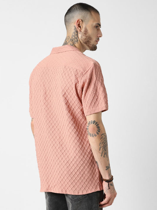Diamond Textured Peach Oversized Resort Collar Shirt