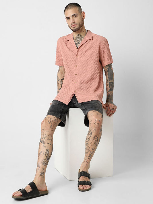 Diamond Textured Peach Oversized Resort Collar Shirt
