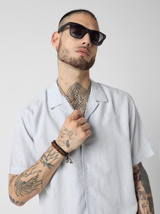 Embroidered Blue Resort Collar Oversized Shirt