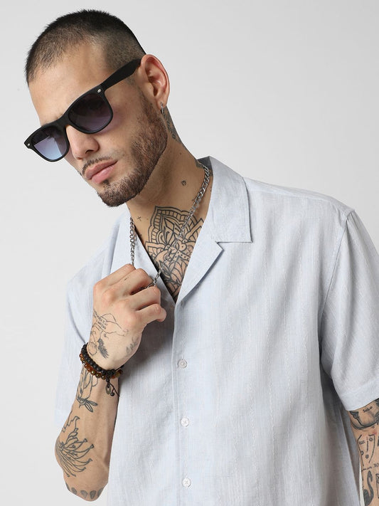 Embroidered Blue Resort Collar Oversized Shirt