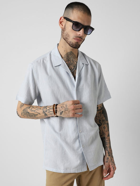 Embroidered Blue Resort Collar Oversized Shirt