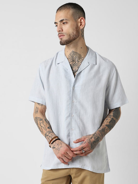 Embroidered Blue Resort Collar Oversized Shirt