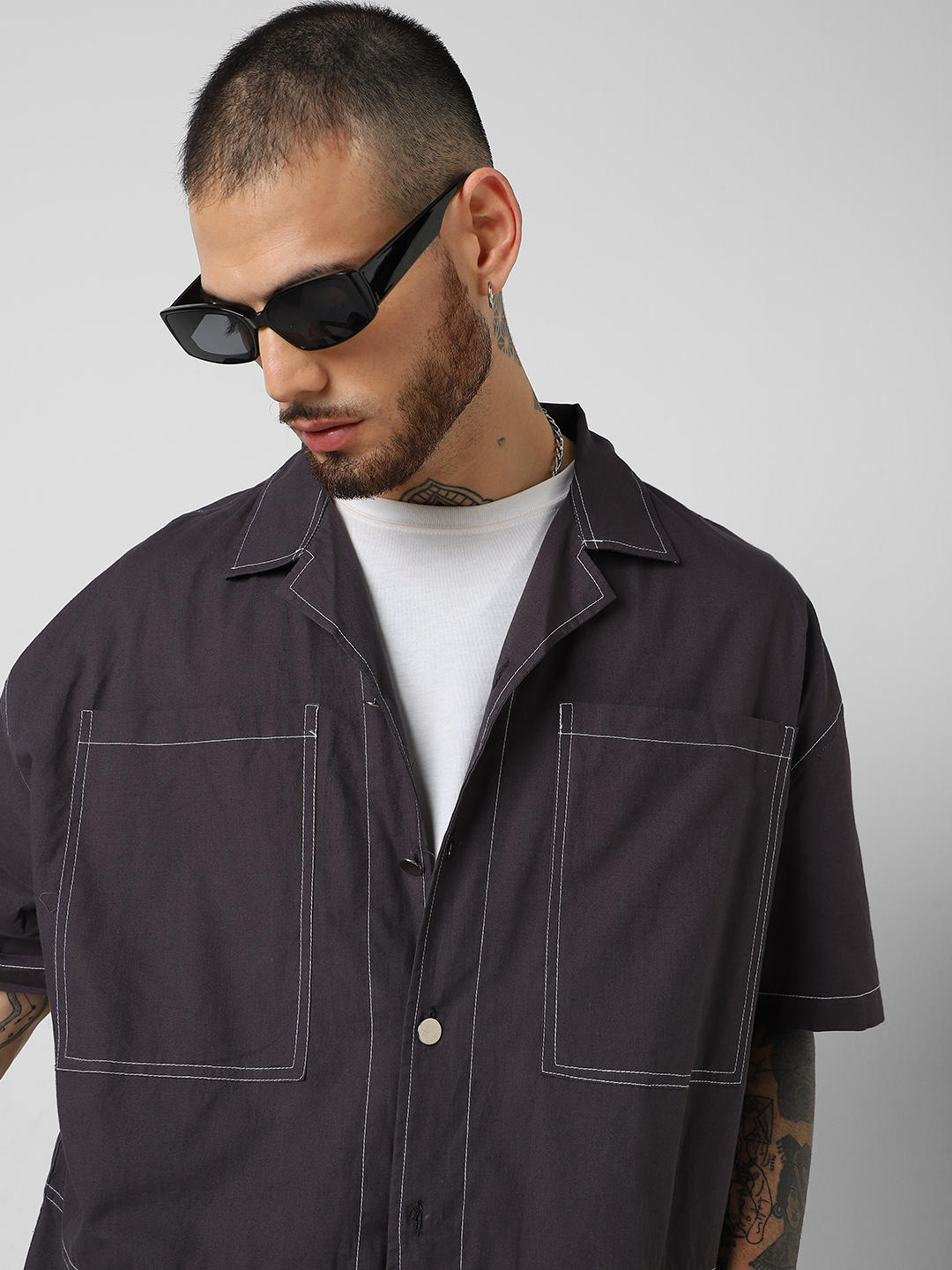 Ash Grey Oversized Double Pocket Cropped Shirt