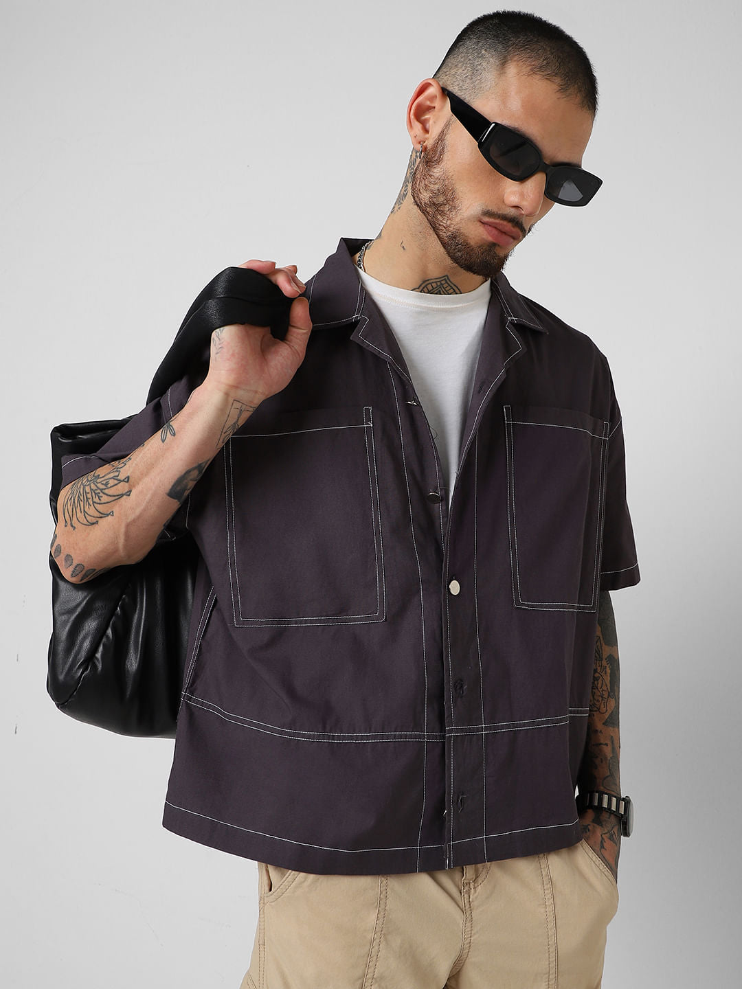Ash Grey Oversized Double Pocket Cropped Shirt