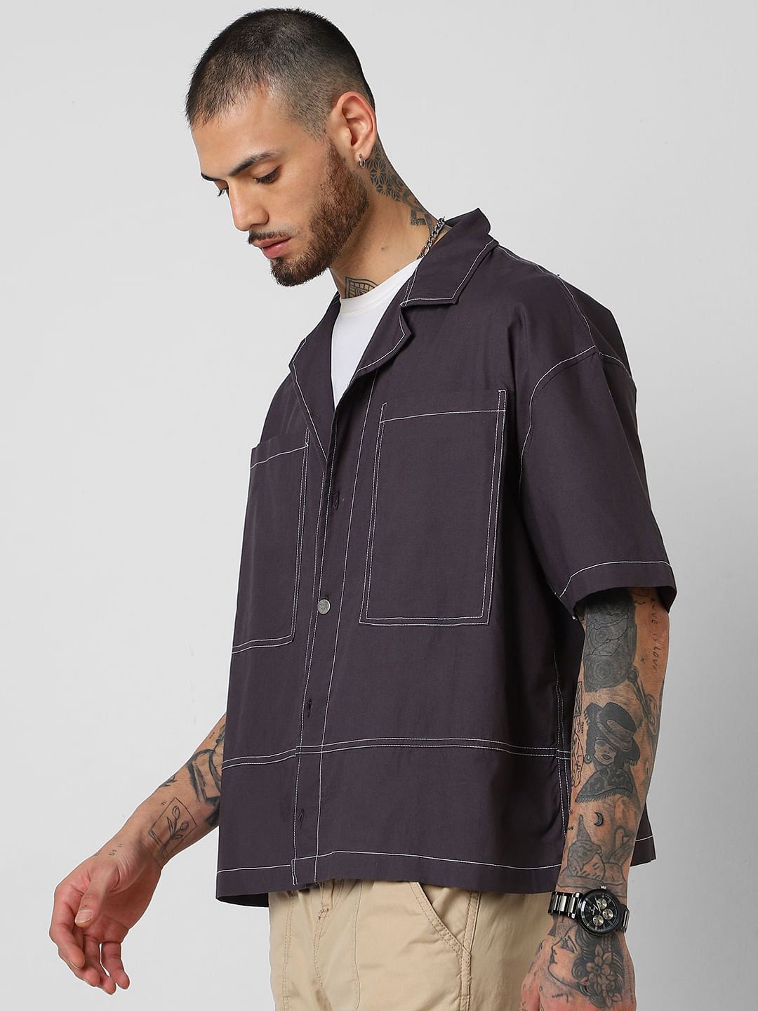 Ash Grey Oversized Double Pocket Cropped Shirt