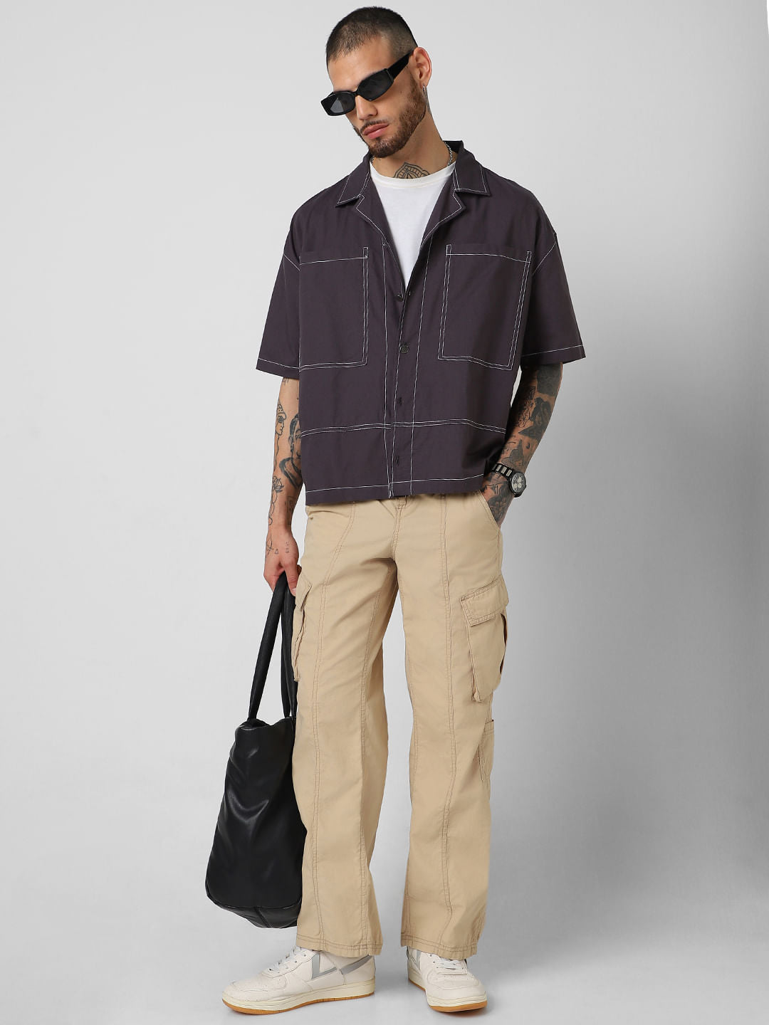 Ash Grey Oversized Double Pocket Cropped Shirt