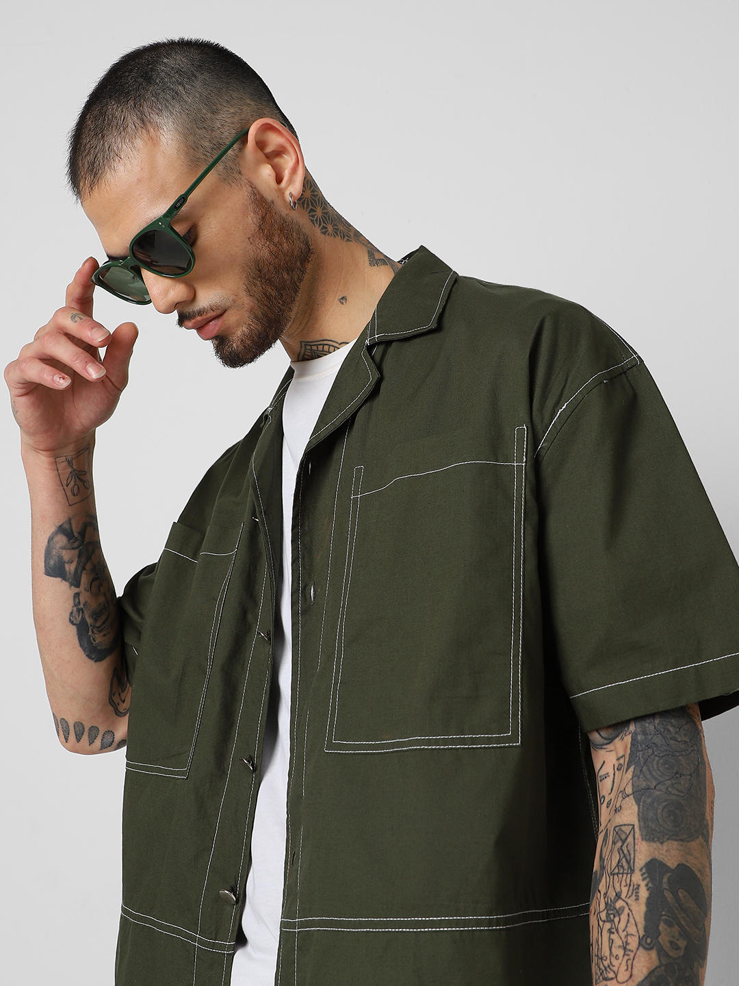Forest Green Oversized Double Pocket Cropped Shirt