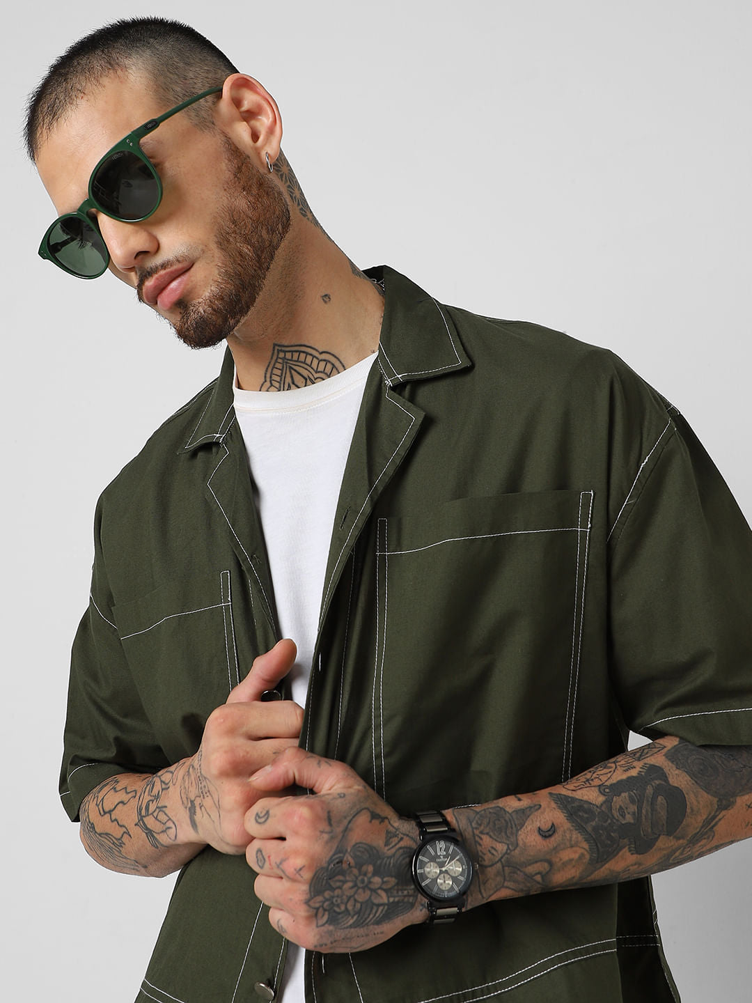 Forest Green Oversized Double Pocket Cropped Shirt