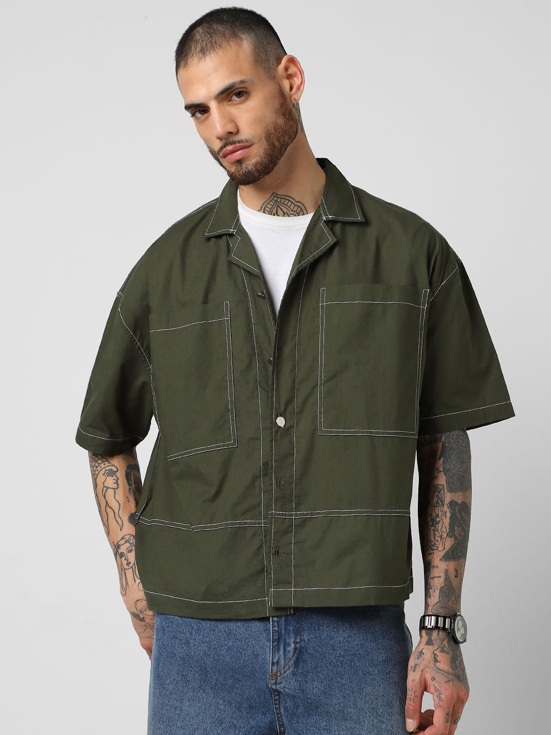 Forest Green Oversized Double Pocket Cropped Shirt