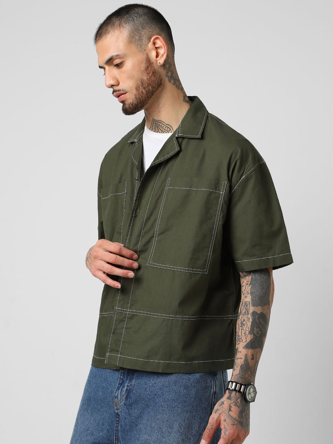 Forest Green Oversized Double Pocket Cropped Shirt