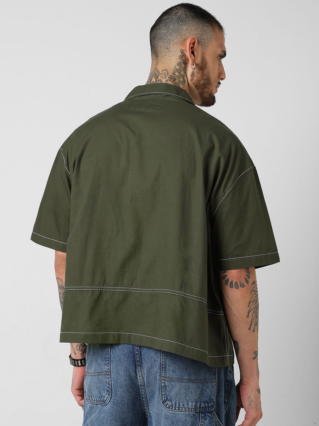 Forest Green Oversized Double Pocket Cropped Shirt