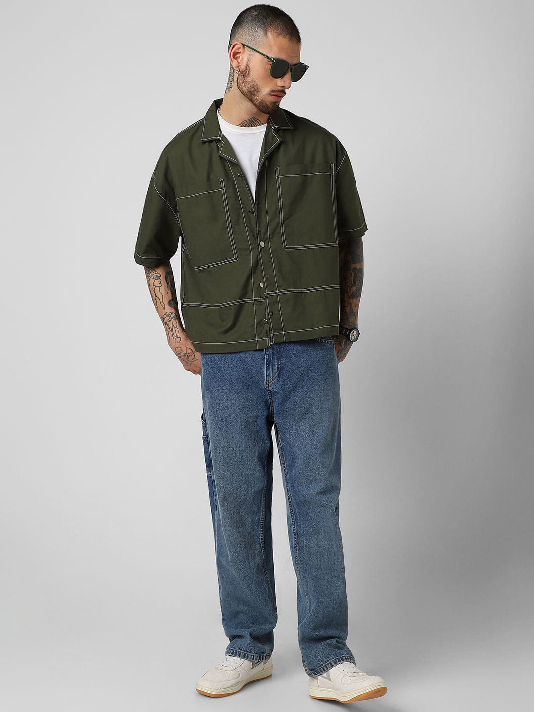 Forest Green Oversized Double Pocket Cropped Shirt