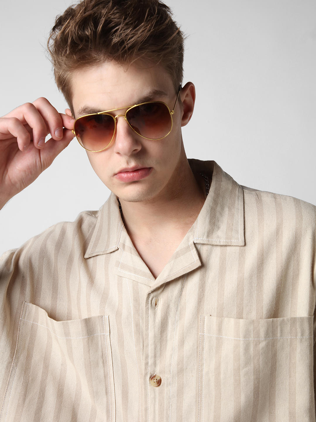 Beige Striped Double Pocket Oversized Cropped Shirt