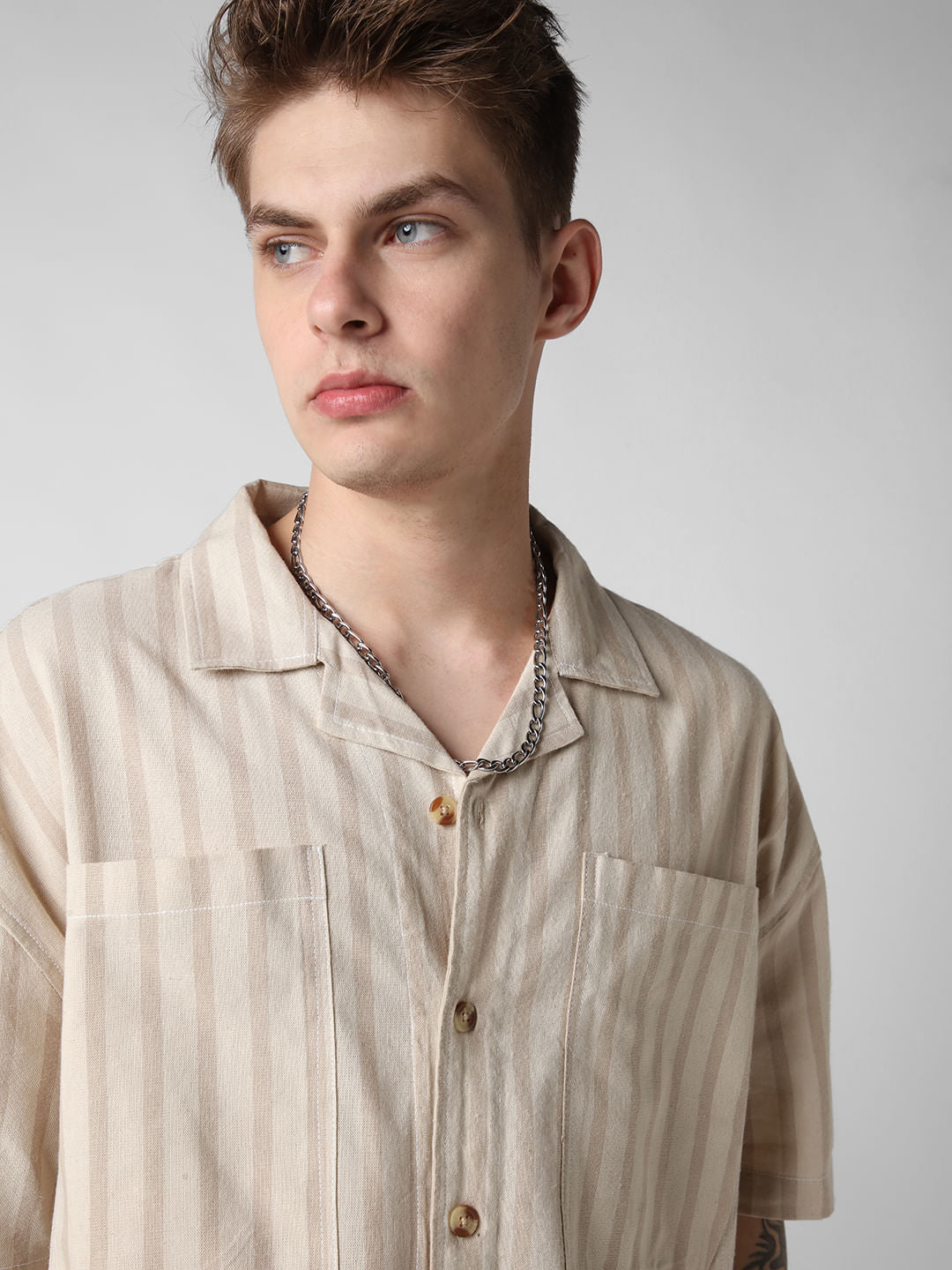 Beige Striped Double Pocket Oversized Cropped Shirt