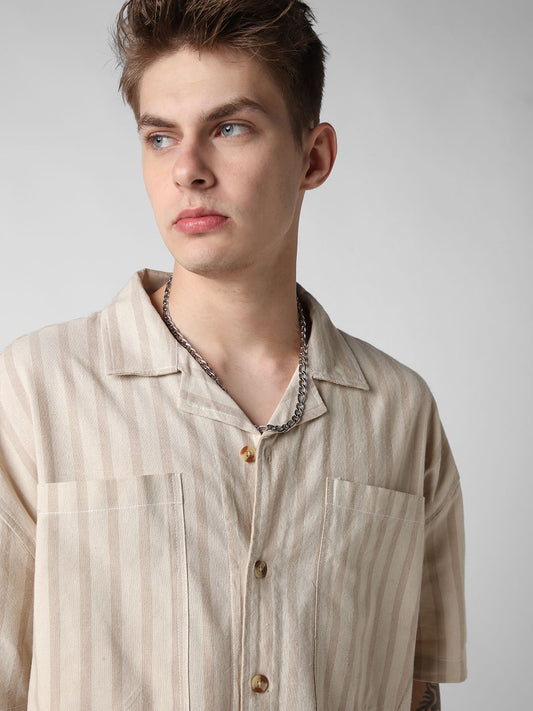 Beige Striped Double Pocket Oversized Cropped Shirt