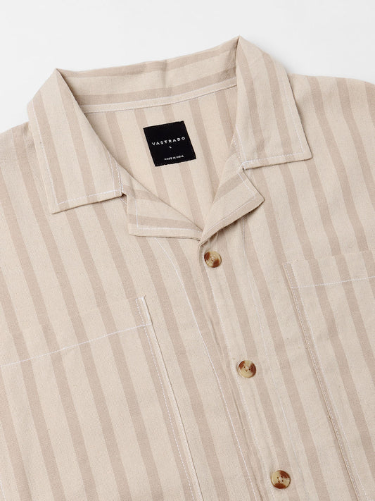 Beige Striped Double Pocket Oversized Cropped Shirt