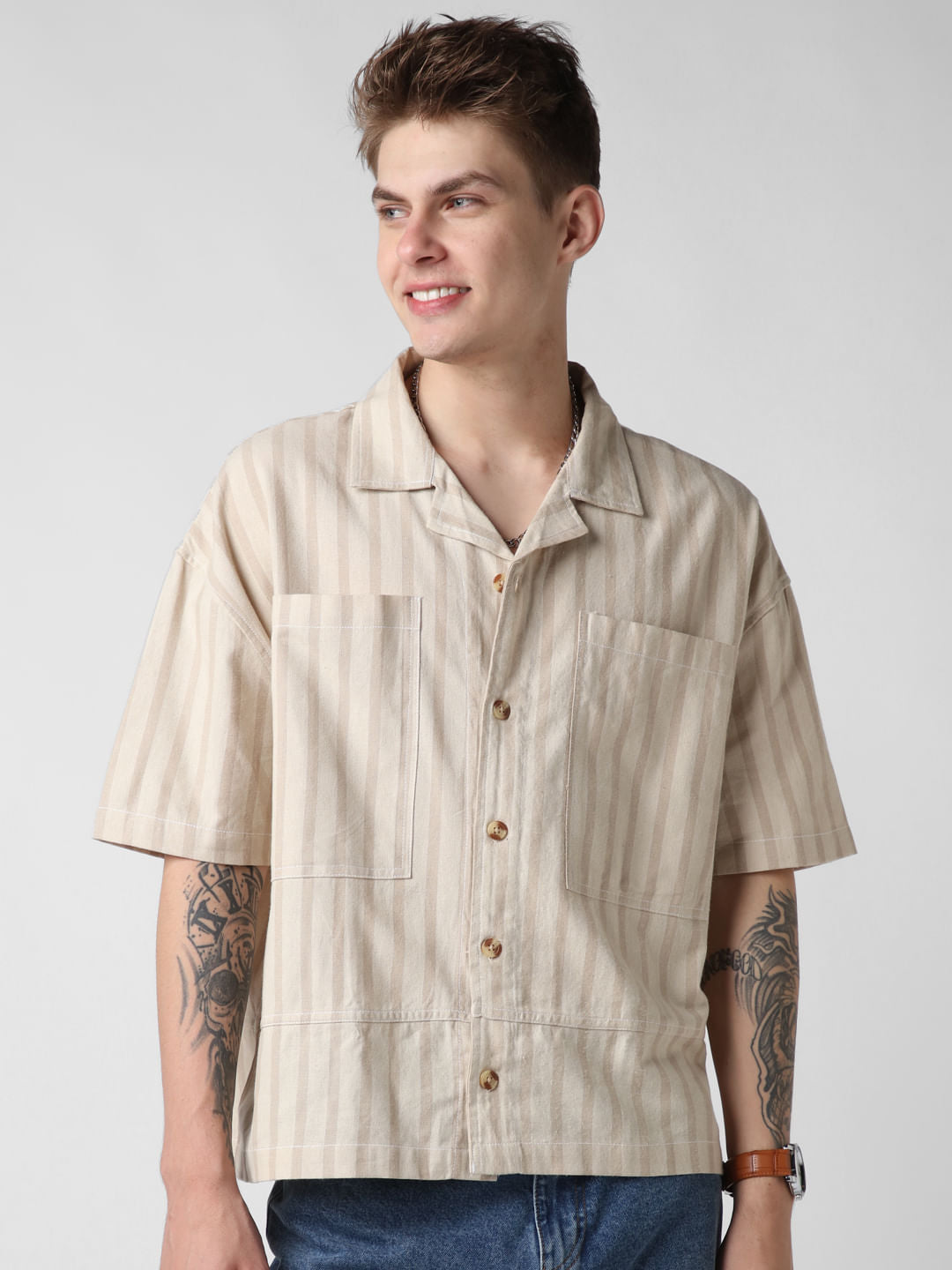 Beige Striped Double Pocket Oversized Cropped Shirt