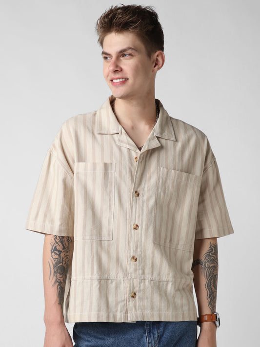 Beige Striped Double Pocket Oversized Cropped Shirt