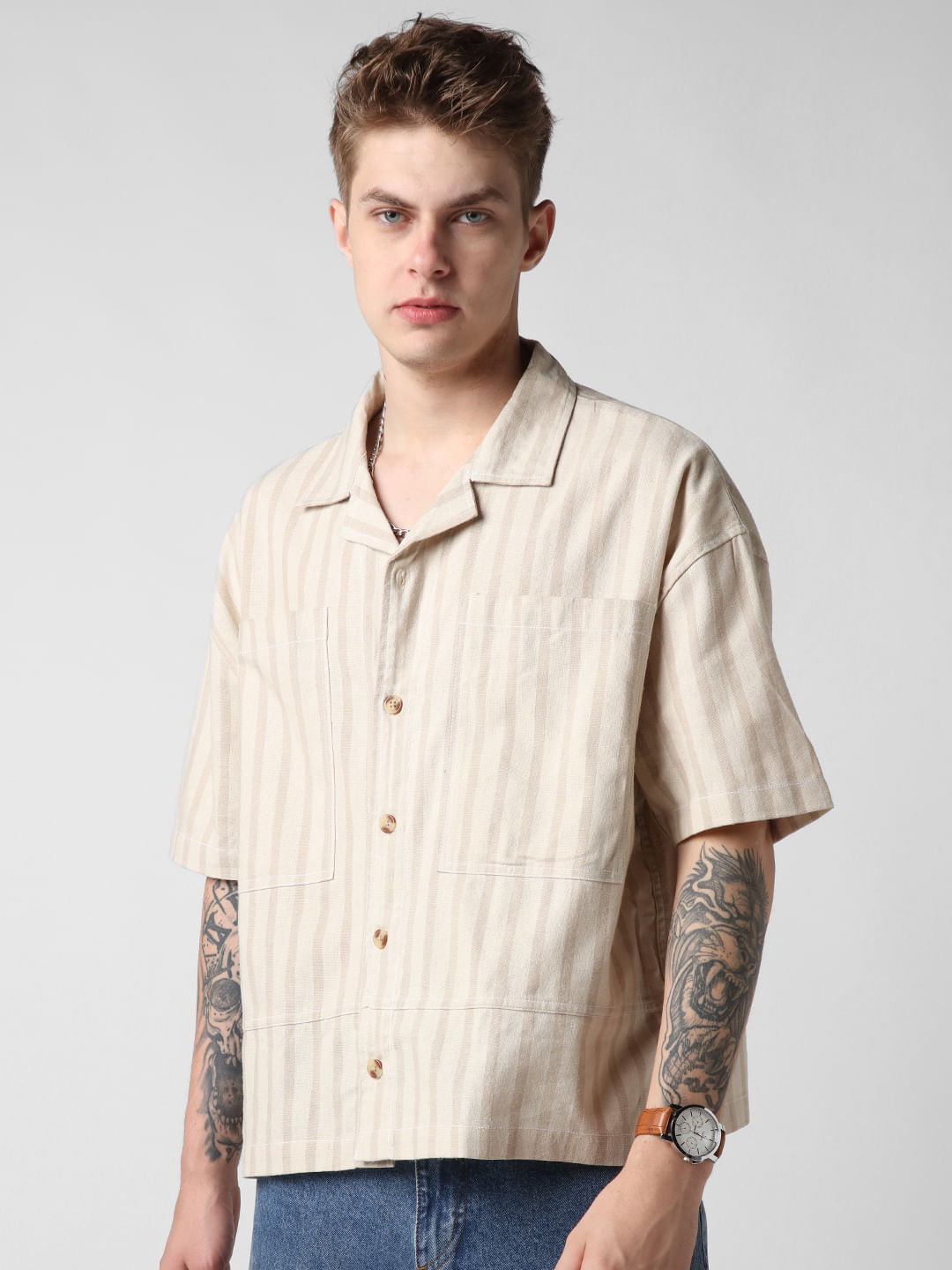 Beige Striped Double Pocket Oversized Cropped Shirt