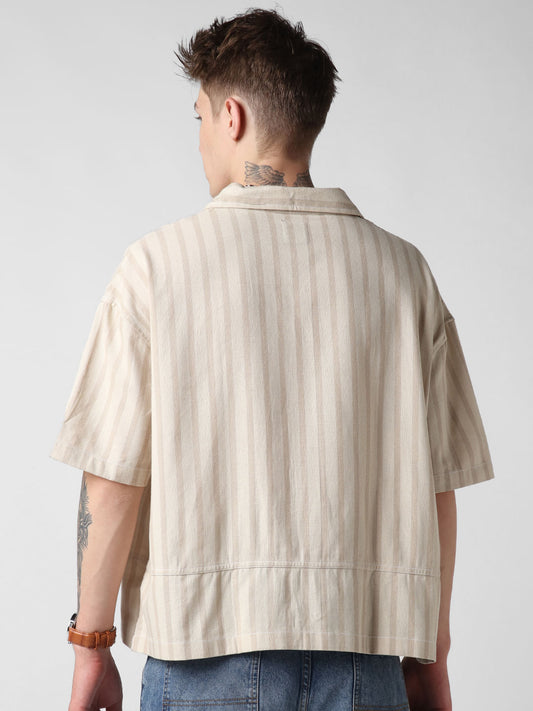 Beige Striped Double Pocket Oversized Cropped Shirt