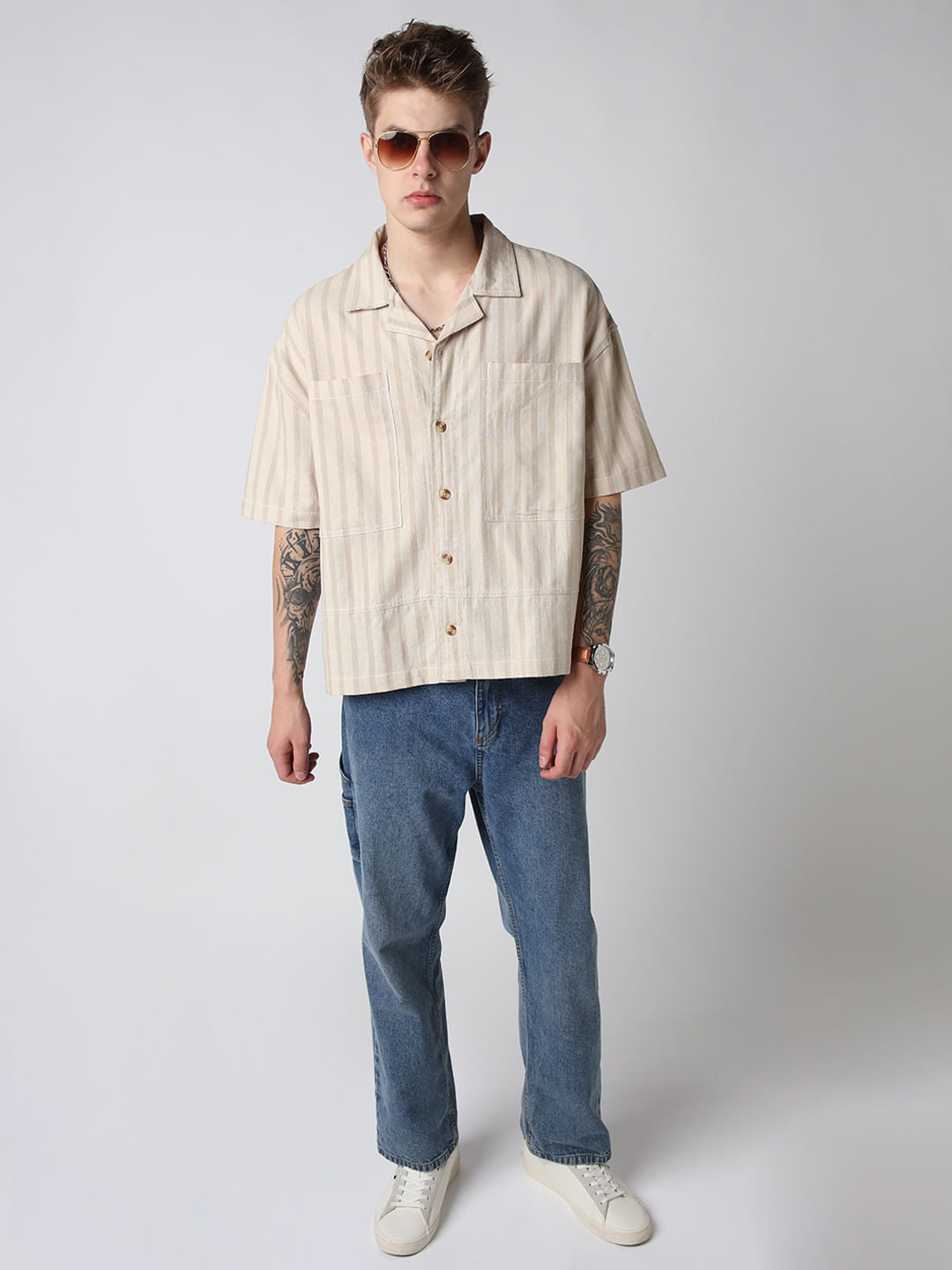 Beige Striped Double Pocket Oversized Cropped Shirt