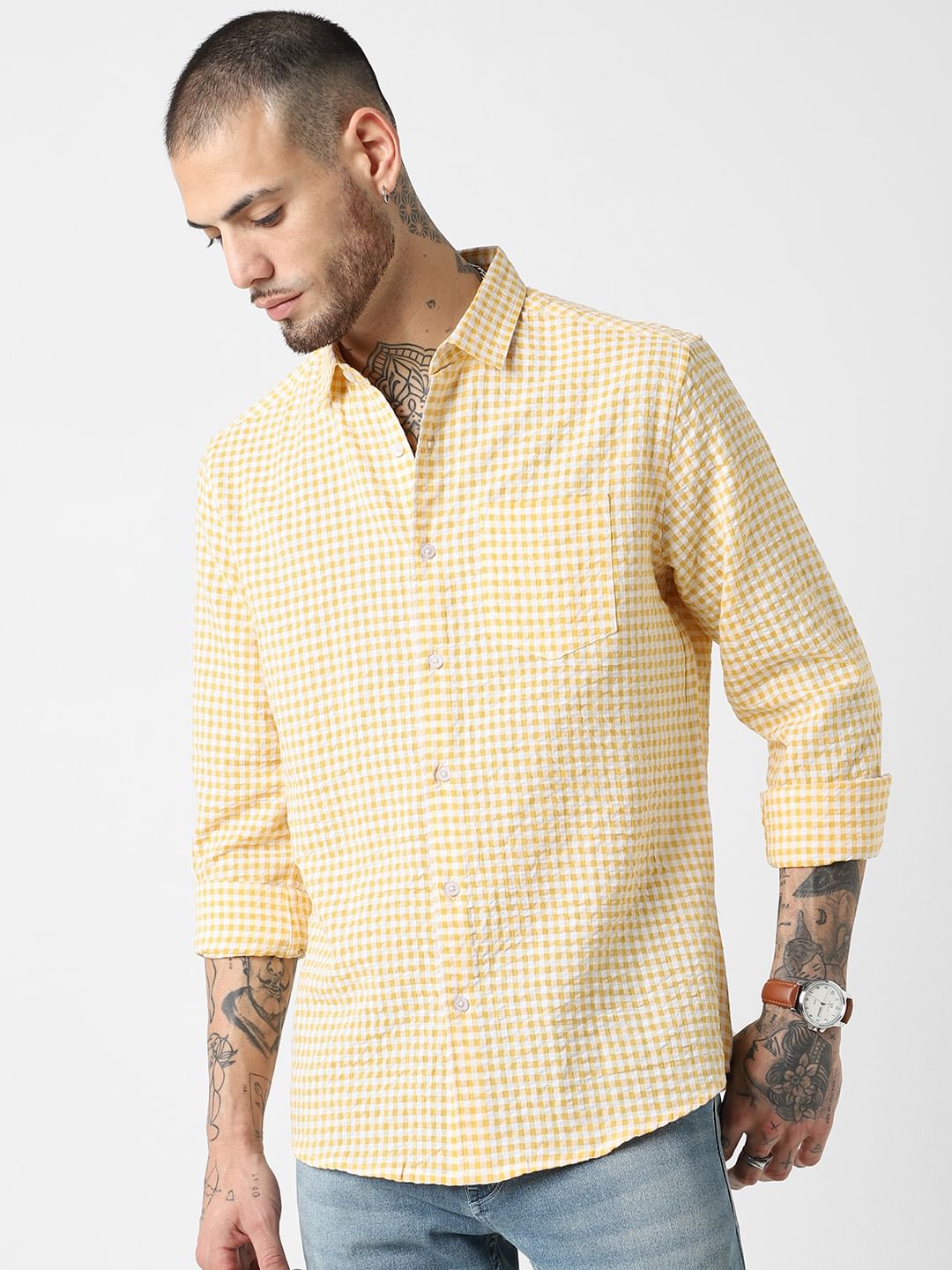 Yellow Checkered Seersucker Shirt