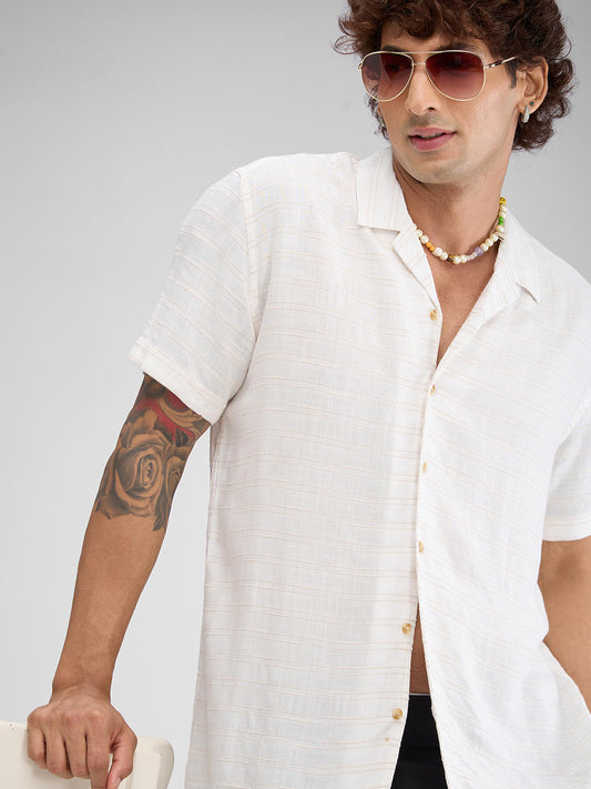 Cream Horizontal Striped Resort Collar Oversized Shirt