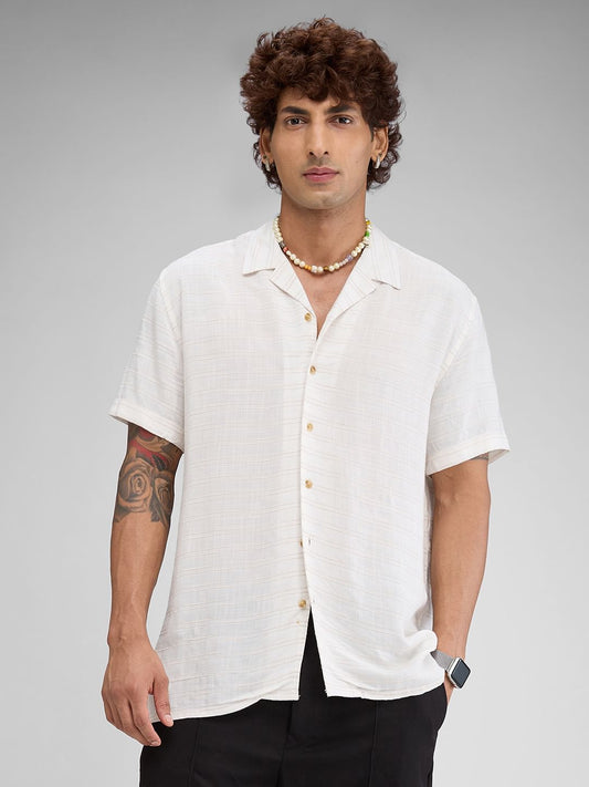 Cream Horizontal Striped Resort Collar Oversized Shirt