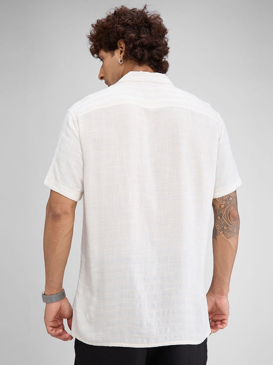 Cream Horizontal Striped Resort Collar Oversized Shirt
