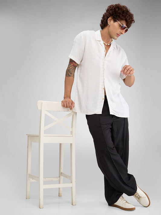 Cream Horizontal Striped Resort Collar Oversized Shirt