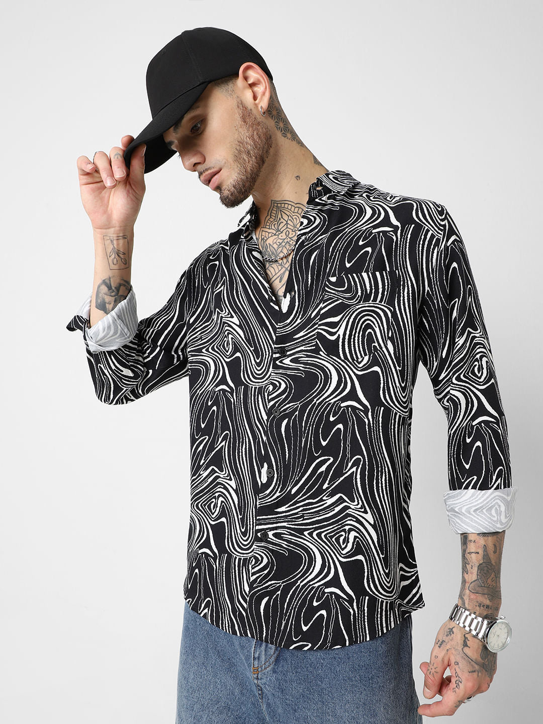 Black Monochrome Wave Printed Shirt