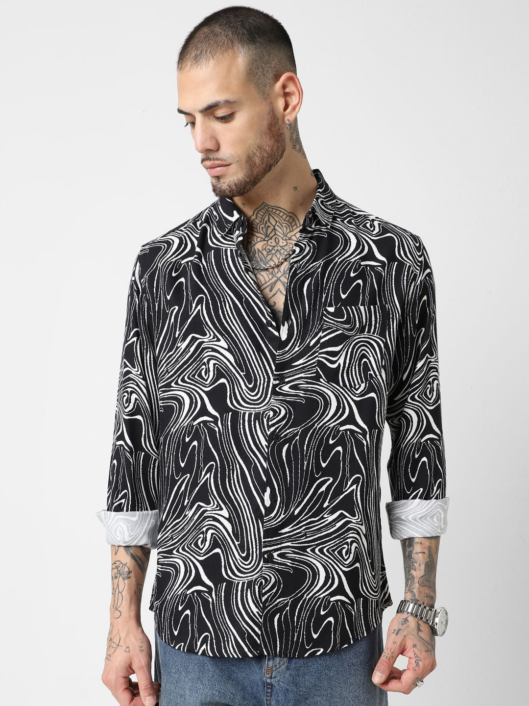 Black Monochrome Wave Printed Shirt