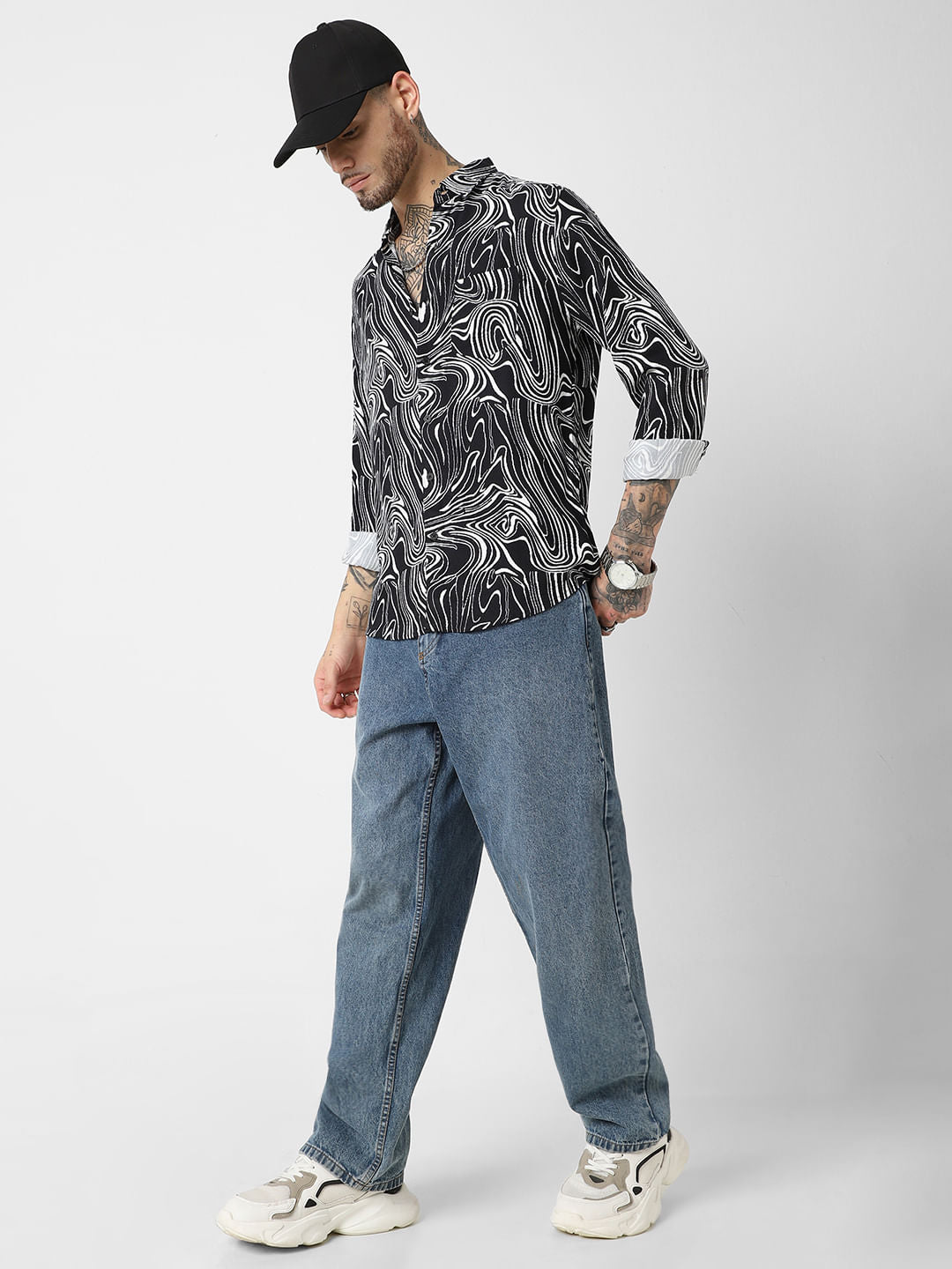 Black Monochrome Wave Printed Shirt