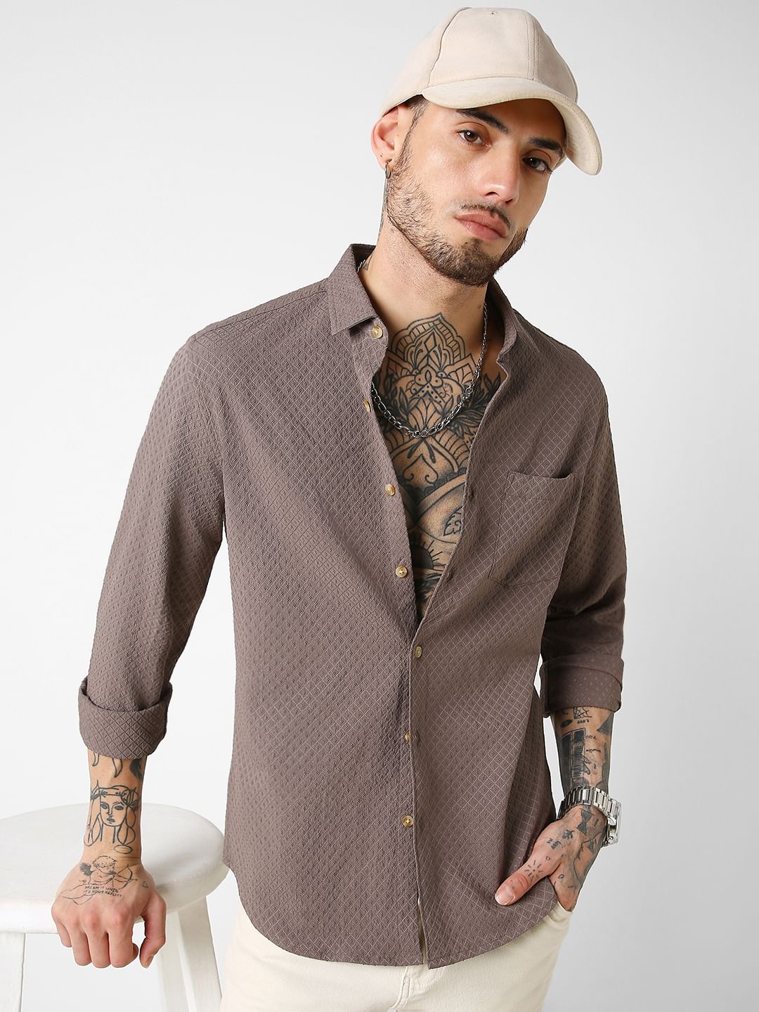 Mud Brown Lozenge Patterned Shirt