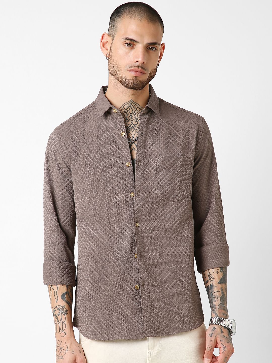 Mud Brown Lozenge Patterned Shirt