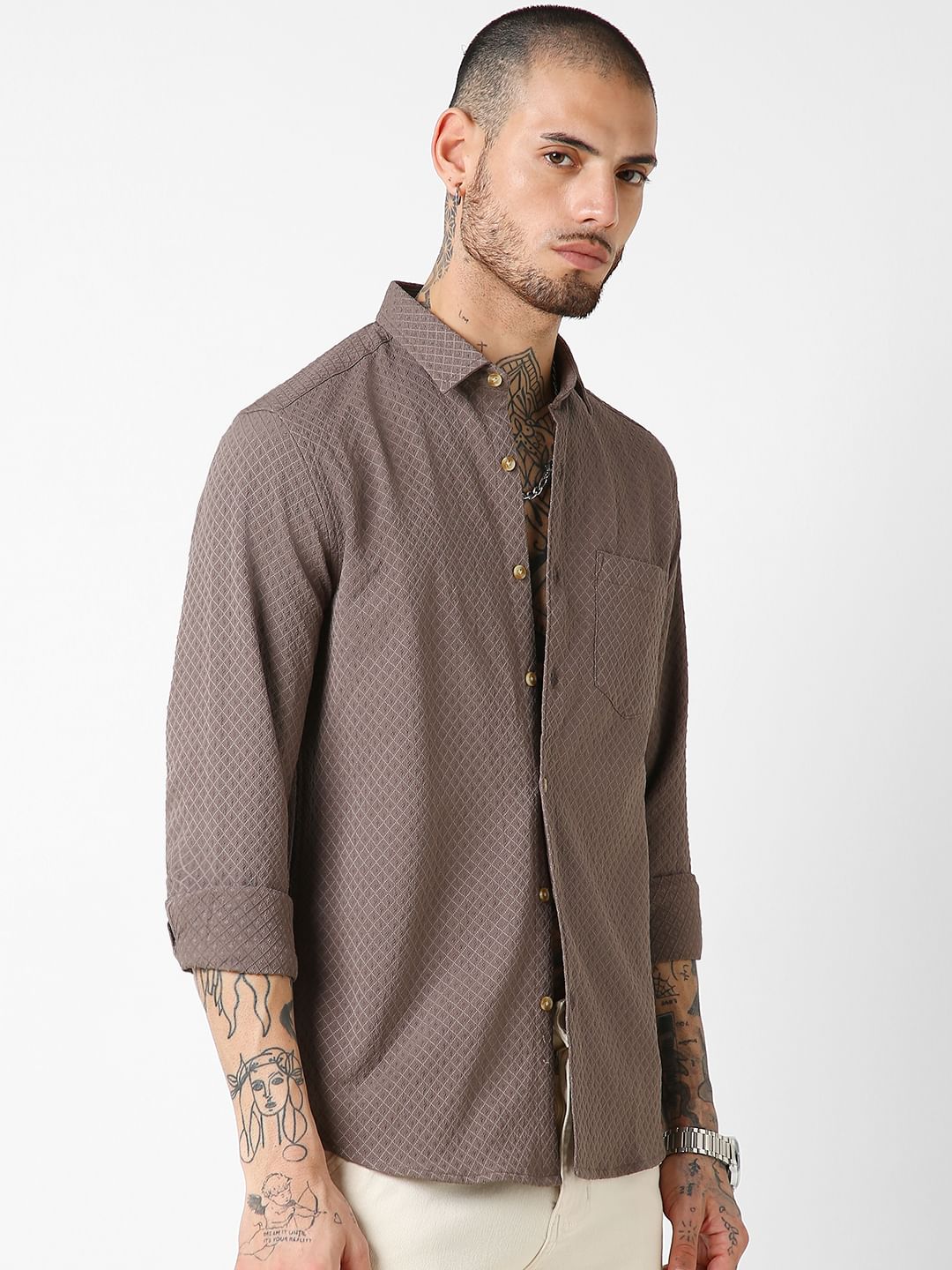 Mud Brown Lozenge Patterned Shirt