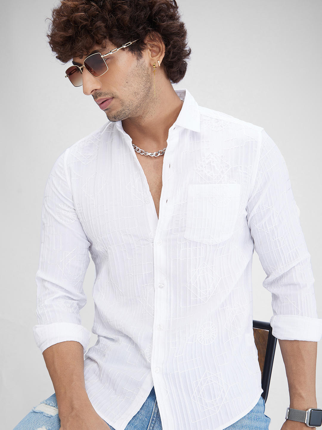 White Embroidered Self-Design Shirt