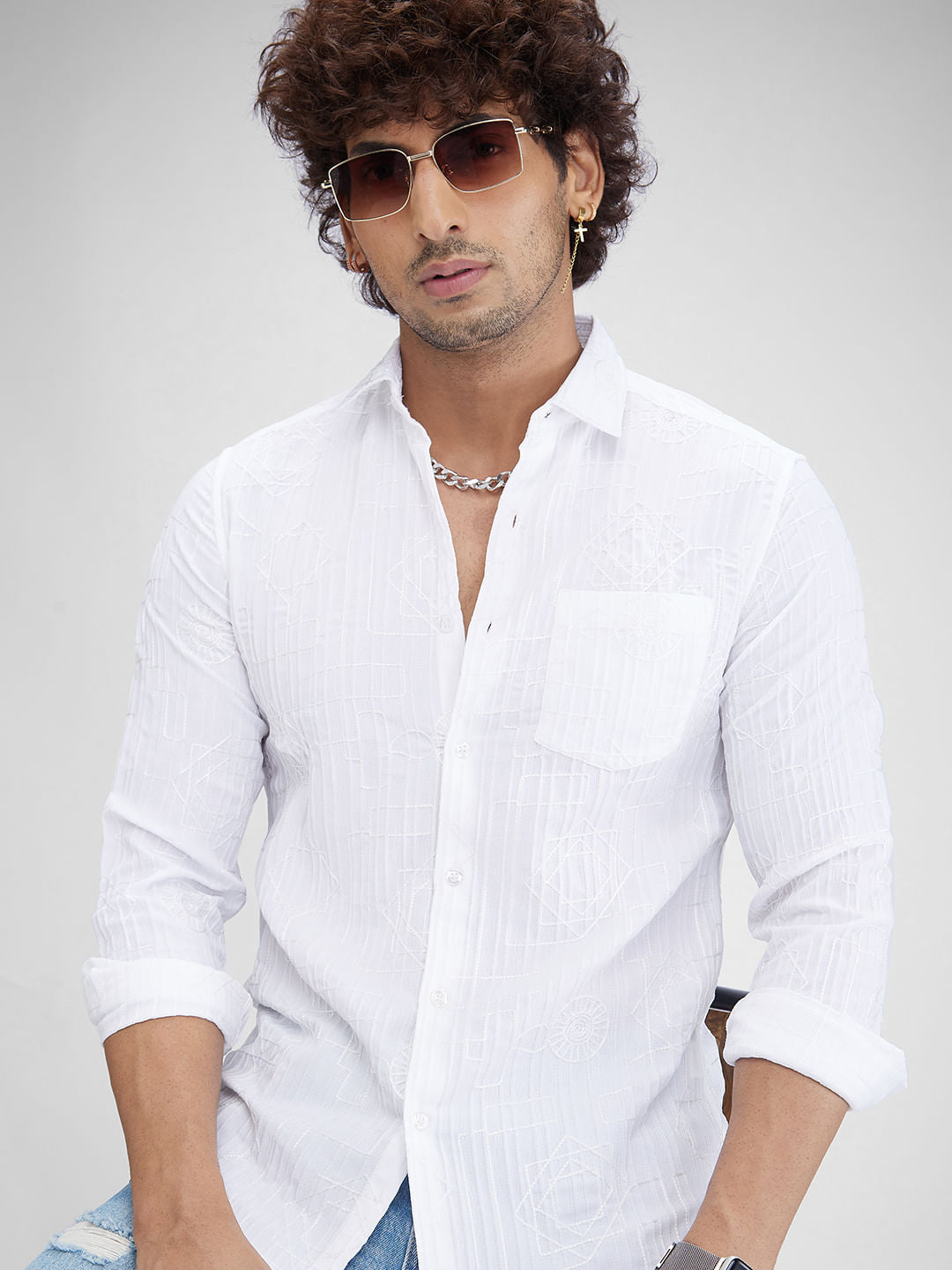 White Embroidered Self-Design Shirt