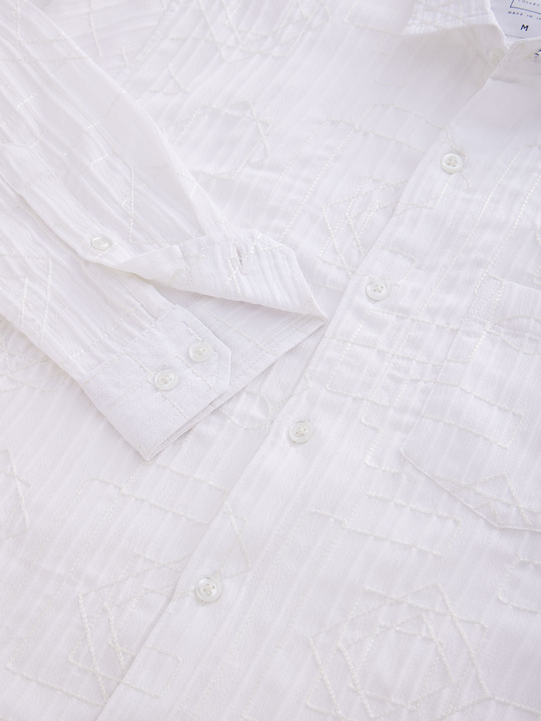 White Embroidered Self-Design Shirt