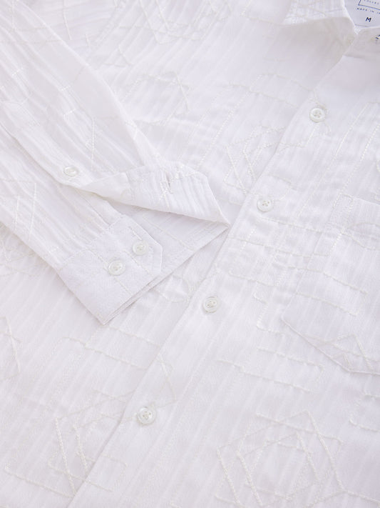 White Embroidered Self-Design Shirt