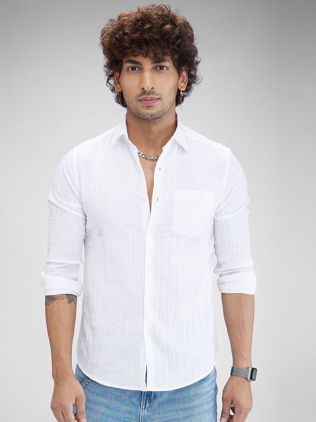 White Embroidered Self-Design Shirt