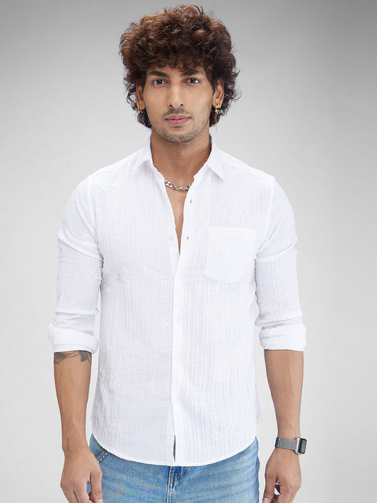 White Embroidered Self-Design Shirt