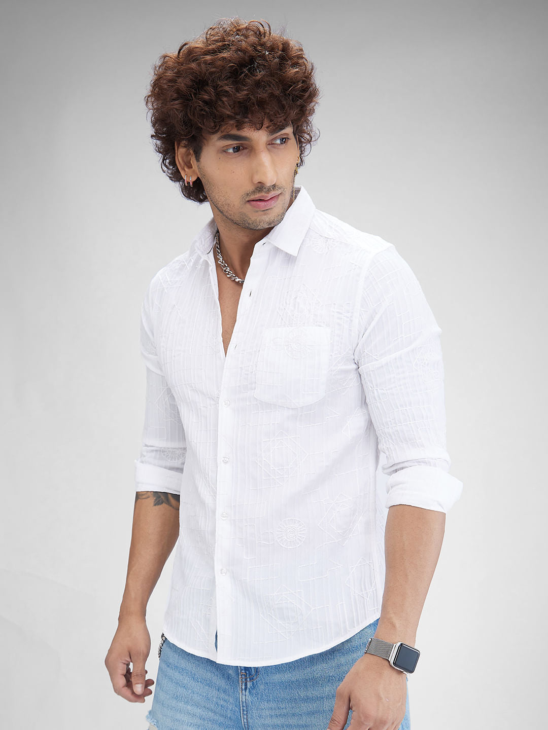 White Embroidered Self-Design Shirt