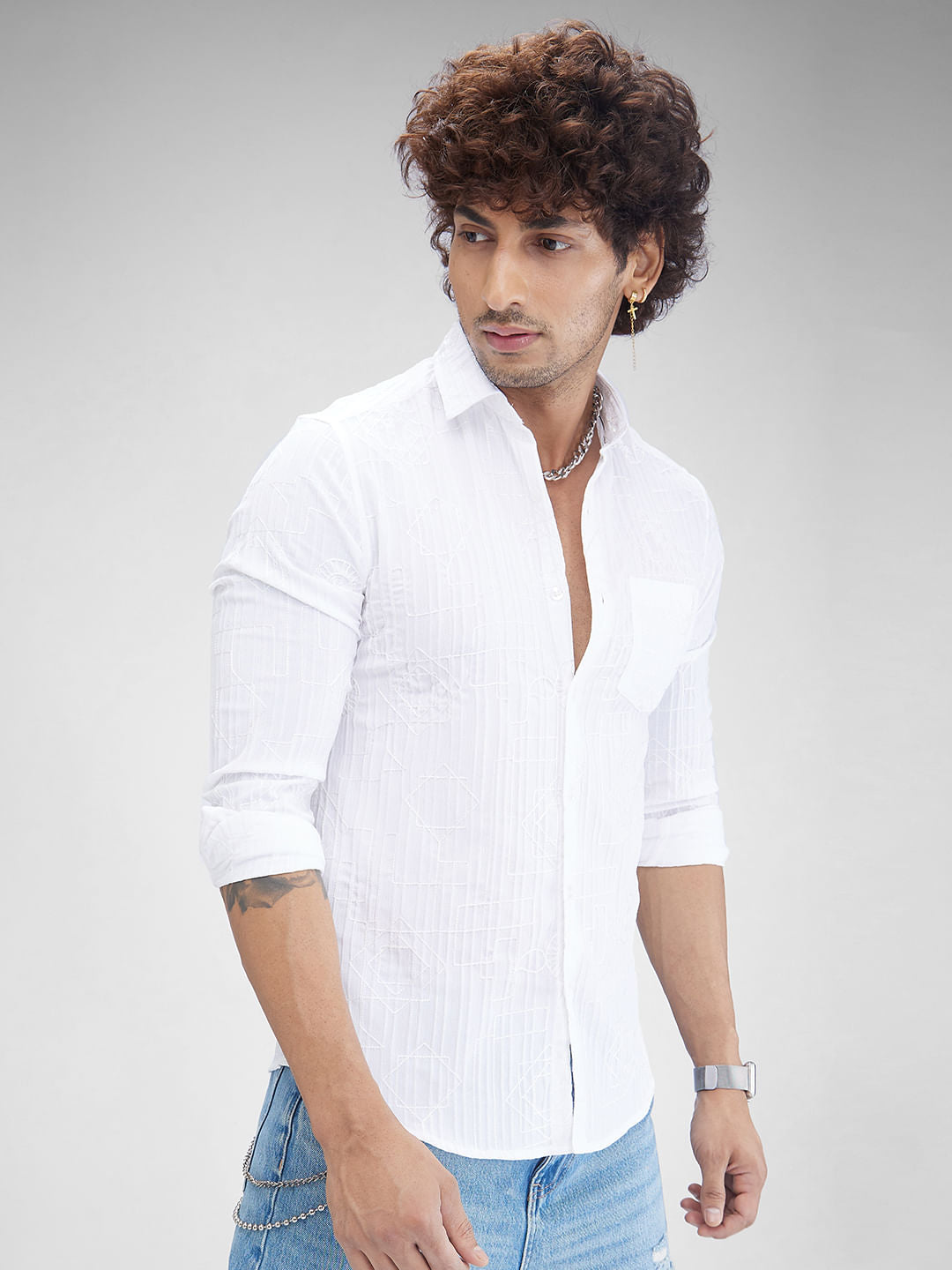 White Embroidered Self-Design Shirt